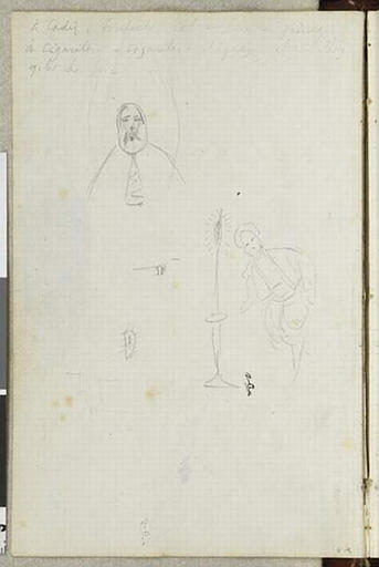 Album de voyage (Espagne, Maroc, Algérie, janvier-juin 1832) : croquis au crayon d'un vieillard arabe de face en buste, d'un jeune arabe se penchant et d'un chandelier