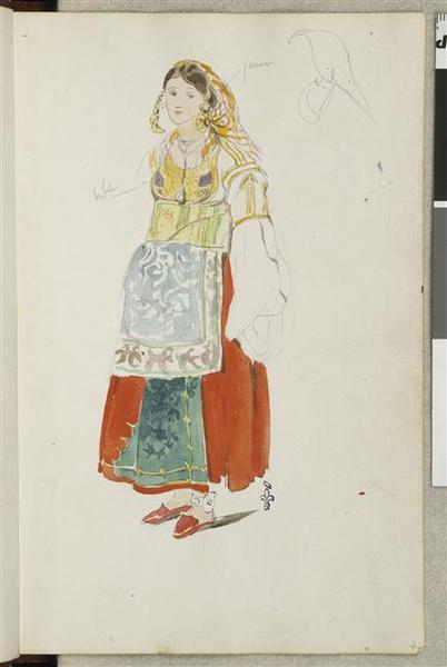 Album de voyage (Espagne, Maroc, Algérie, janvier-juin 1832) : Jeune femme debout, de trois quarts à gauche, la chevelure à demi-couverte d'un voile jaune, vêtue d'une jupe rouge ; en haut, croquis rapide de la tête de profil, au crayon