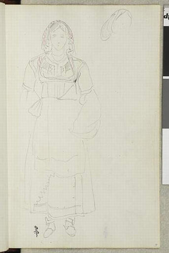 Album de voyage (Espagne, Maroc, Algérie, janvier-juin 1832) : jeune femme debout, de face, la chevelure à demi-couverte d'un voile rayé ; en haut, croquis rapide de la tête