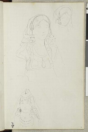 Album de voyage (Espagne, Maroc, Algérie, janvier-juin 1832) : tête de jeune juive, de trois quarts à droite ; en haut à droite, croquis de la tête ; croquis d'une jeune femme, de face, coiffée d'un petit bonnet, avec des boucles d'oreille ; en bas, jeune femme en buste, de face, coiffée d'un petit bonnet