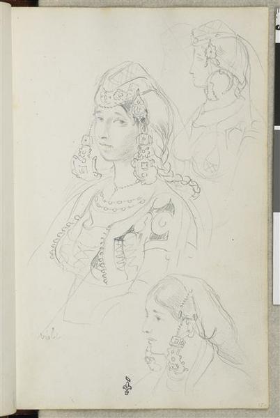 Album de voyage (Espagne, Maroc, Algérie, janvier-juin 1832) : Buste de jeune femme, de trois quarts à gauche, la chevelure couverte d'un petit bonnet, avec de grosses boucles d'oreille ; en haut et en bas, 2 croquis de la même personne
