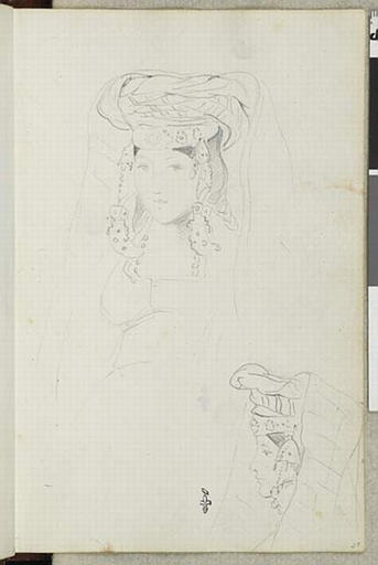 Album de voyage (Espagne, Maroc, Algérie, janvier-juin 1832) : buste de jeune femme, de trois quarts à gauche, portant une sorte de turban posé sur une couronne d'orfèvrerie, d'où pendent des breloques à droite et à gauche ; en bas, la même personne de profil à gauche
