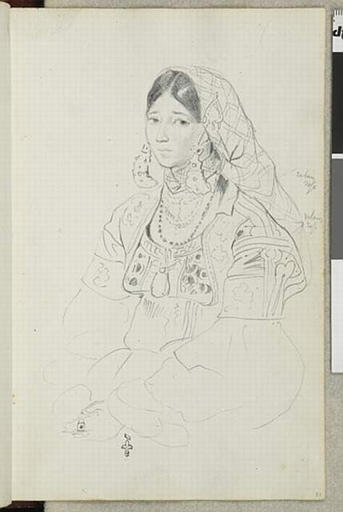 Album de voyage (Espagne, Maroc, Algérie, janvier-juin 1832) : jeune femme à mi-corps, assise, la chevelure à demi-couverte d'un voile quadrillé, avec de grosses boucles d'oreille et un collier