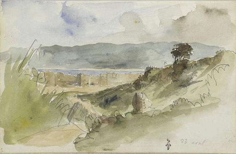 Album de voyage (Espagne, Maroc, Algérie, janvier-juin 1832) : paysage avec au fond les murailles de Tanger se détachant sur la mer