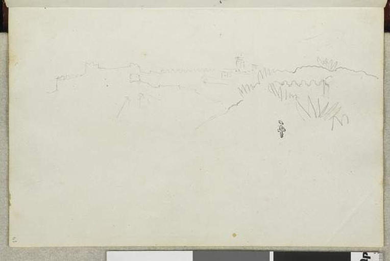 Album de voyage (Espagne, Maroc, Algérie, janvier-juin 1832) : croquis sommaire avec en haut les murailles crénelées de Tanger