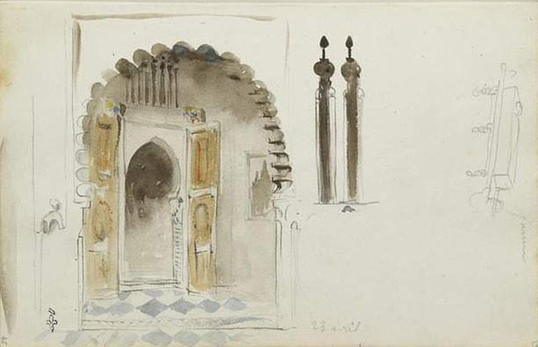 Album de voyage (Espagne, Maroc, Algérie, janvier-juin 1832) : l'entrée d'une maison arabe, avec une grande arcade alvéolée, au fond une porte à deux battants, ouverte, sur un arc arabe et à droite, 2 meurtrières