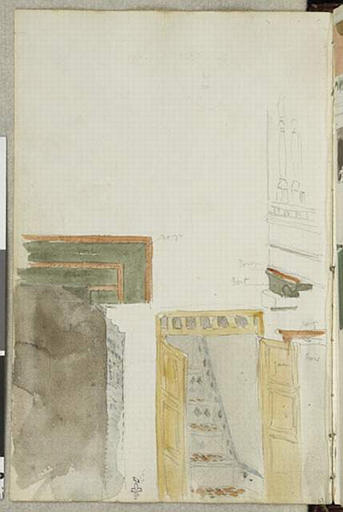 Album de voyage (Espagne, Maroc, Algérie, janvier-juin 1832) : cour arabe, murs blancs, portes et volets de bois peints de différentes couleurs, en bas une porte ouvre sur un escalier très raide