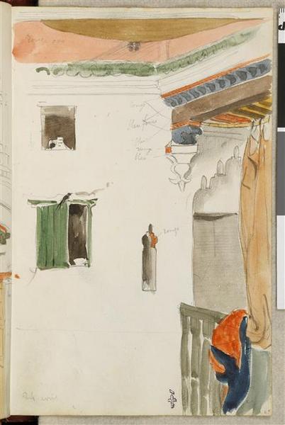 Album de voyage (Espagne, Maroc, Algérie, janvier-juin 1832) : Détail d'une maison arabe, murs blancs, fenêtre à volet vert, meurtrière, galerie de bois peinte en vert avec une draperie posée dessus