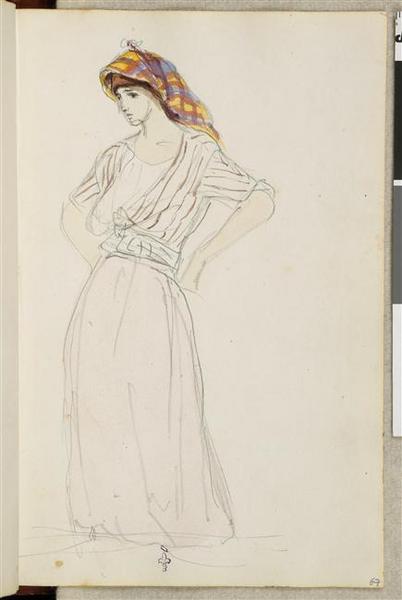Album de voyage (Espagne, Maroc, Algérie, janvier-juin 1832) : Jeune femme, debout, la chevelure à demi-couverte d'un voile jaune et bleu, le cou et les avant-bras nus