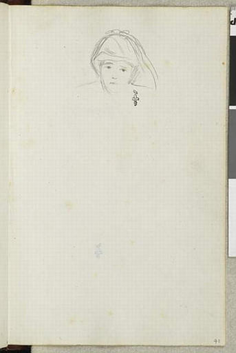 Album de voyage (Espagne, Maroc, Algérie, janvier-juin 1832) : croquis sommaire, tête de jeune femme, de face, la chevelure à demi-couverte d'un voile