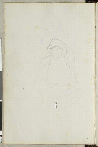 Album de voyage (Espagne, Maroc, Algérie, janvier-juin 1832) : croquis sommaire, jeune femme assise en tailleur, la chevelure à demi-couverte d'un voile