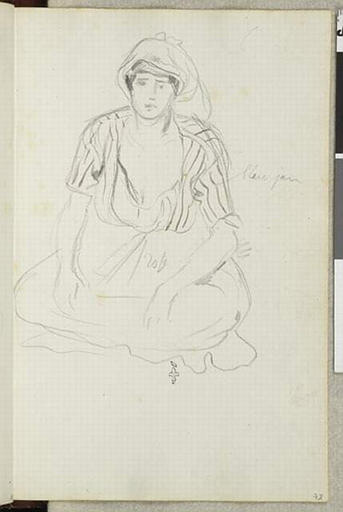 Album de voyage (Espagne, Maroc, Algérie, janvier-juin 1832) : jeune femme assise en tailleur, de face, la chevelure à demi-couverte d'un voile, très décolletée