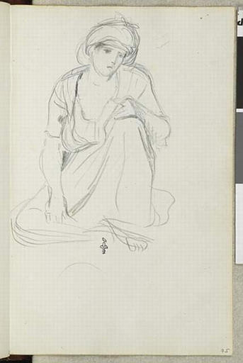 Album de voyage (Espagne, Maroc, Algérie, janvier-juin 1832) : jeune femme assise à terre, une main sur le genou, de face, la chevelure à demi-couverte d'un voile, très décolletée