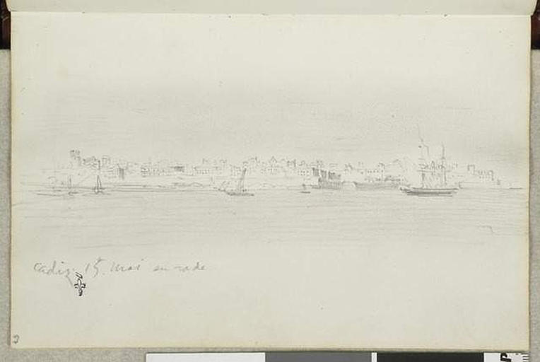 Album de voyage (Espagne, Maroc, Algérie, janvier-juin 1832) : vue de Cadix, prise en bateau de la rade