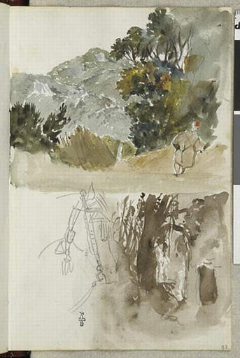 Album de voyage (Espagne, Maroc, Algérie, janvier-juin 1832) : 2 paysages superposés, en haut des arbres et une colline boisée, avec un arabe portant une coiffure rouge au premier plan, en bas études d'arbres à la sépia ; en bas à gauche, étude de tête de cheval avec brides au crayon