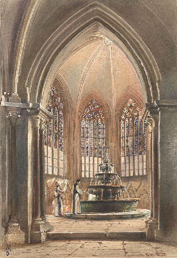 Deux moines en robe blanche et noire debout devant une fontaine dans une chapelle gothique, l'un se lavant les mains, l'autre lisant