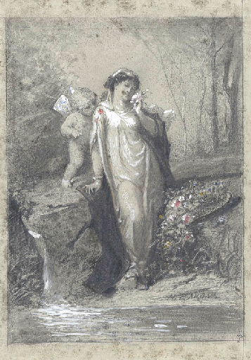 Femme au bord d'une rivière respirant des fleurs avec un amour ailé auprès d'elle