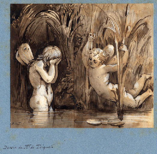 Deux angelots au bord de l'eau, l'un le visage dans les mains