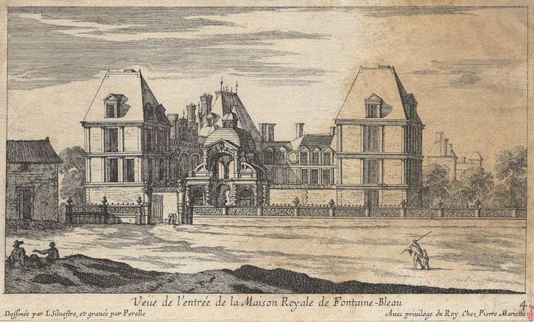 Veuë de l'entrée de la Maison Royale de Fontaine-Bleau