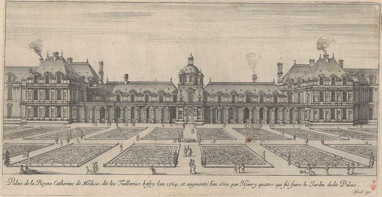 Palais de la Reyne Catherine de Médicis, dit les Tuilleries basti l'an 1564 et augment l'an 1600 par Henri quatre qui fit faire le Jardin dudit Palais