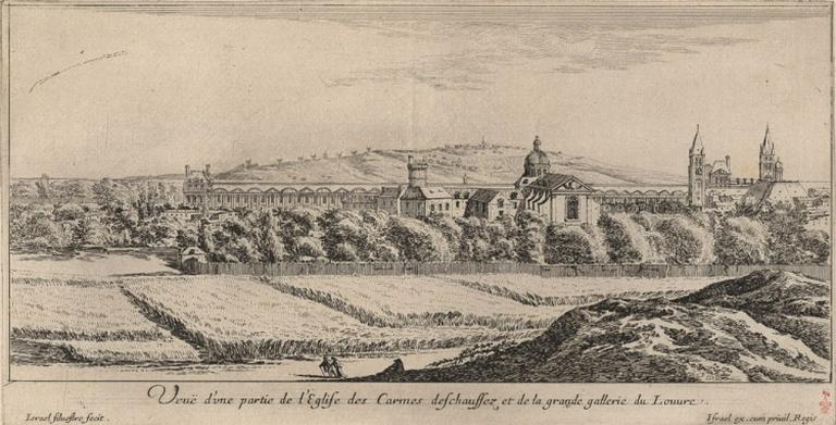 Veuë d'une partie de l'église des Carmes deschaussez et de la grande gallerie du Louvre