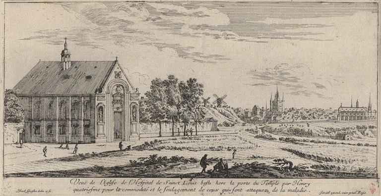 Veuë de l'Eglise de l'Hospital de Saint Louis basti hors la porte du Temple par Henri quastrieme pour la commodité et le soulagement de ceux qui sont attaquez de la maladie.
