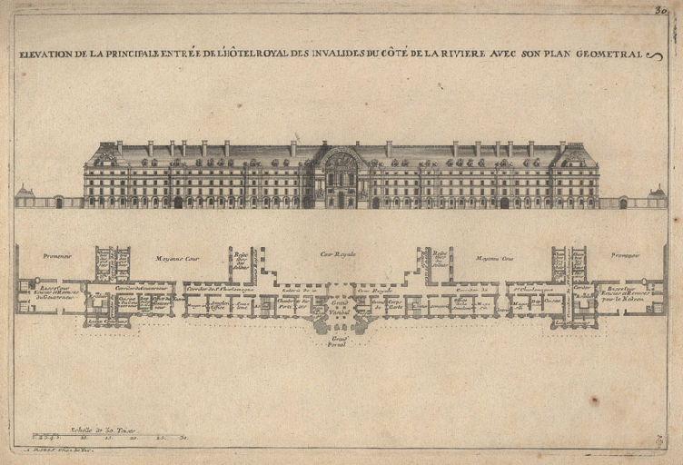 Elévation de la principale entrée des Invalides du côté de la rivière avec son plan géométral