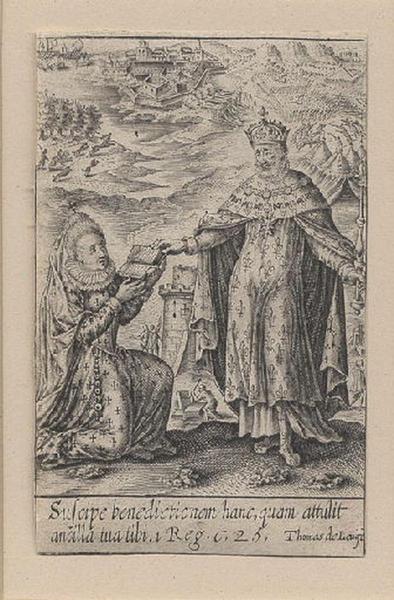 [Henri IV roi de France reçoit d'une femme agenouillée devant lui l'hommage d'un livre]