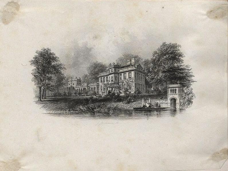 Gravure de Orléans House à Twickenham, propriété du duc d'Aumale (1851-1872) ; Petit album de photographies, reliure rouge