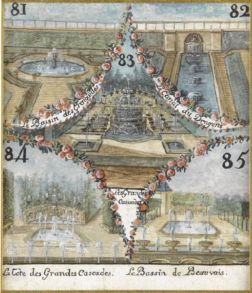 81 Le Bassin des Grenouilles / 82 Le Canal du Dragons (sic) / 83 Les Grandes cascades / 84 La Tête des Grandes cascades / 85 Le Bassin de Beauvais ; Jeu de cavagnole
