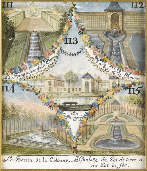 111 La Faisandrie (sic) de la Chine / 112 Le Loup et la Chèvre / 113 La Ménagerie / 114 Le Bassin de la Colonne / 115 La Goulotte du Pot de terre et du Pot de fer