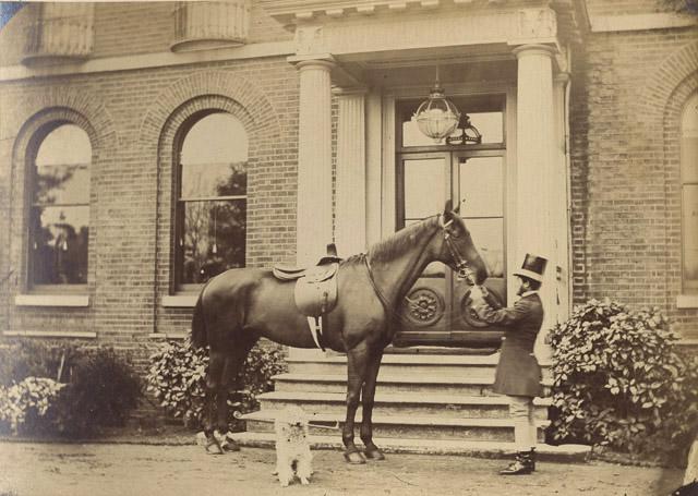 Album de Chevaux : Le cheval Faust tenu par un palefrenier devant un perron