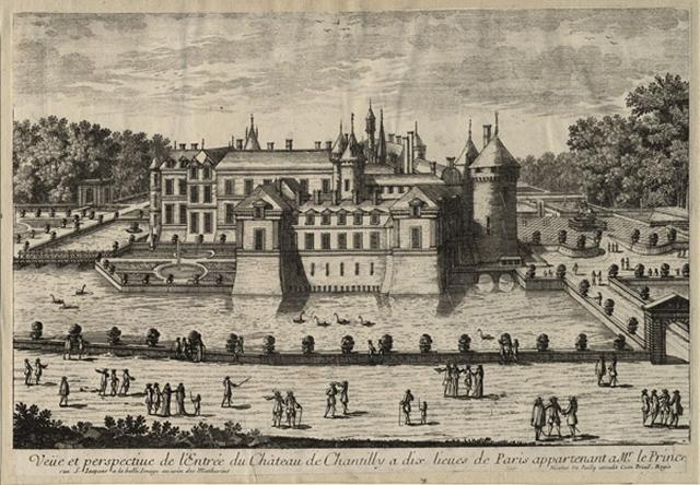 Veuë et perspective de l'Entrée du Château de Chantilly a dix lieues de Paris appartenant a Mr. le Prince.