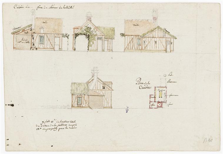[Le Hameau], Cuisine en face de l'orme de la veillée, vers 1775