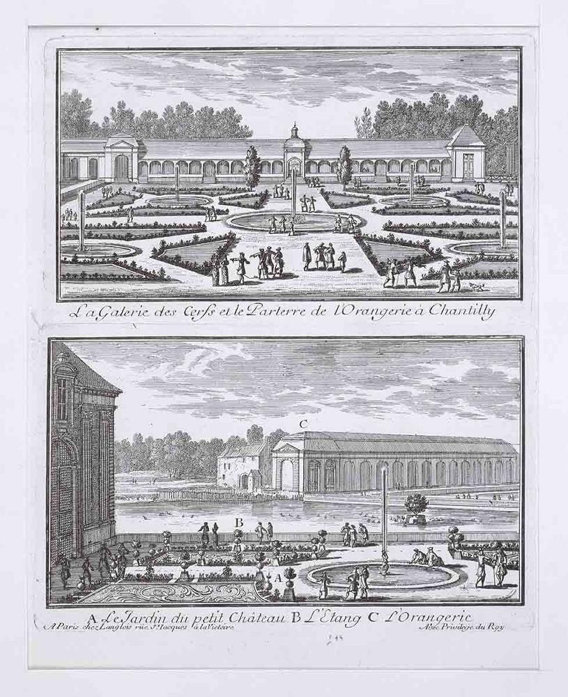La Galerie des Cerfs et le Parterre de l'Orangerie à Chantilly. / A. Le Jardin du Petit Château. B. L'Etang. C. L'Orangerie.