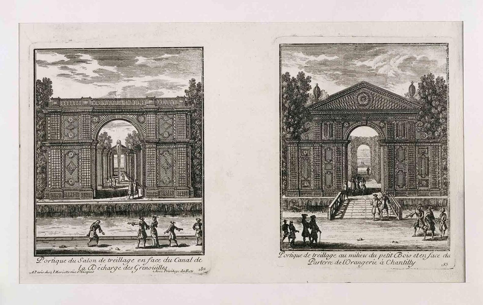 Portique du Salon de treillage en face du Canal de / la Décharge des Grenoüilles. 182 / Portique de treillage au milieu du petit Bois et en face du / Parterre de l'Orangerie à Chantilly. 183
