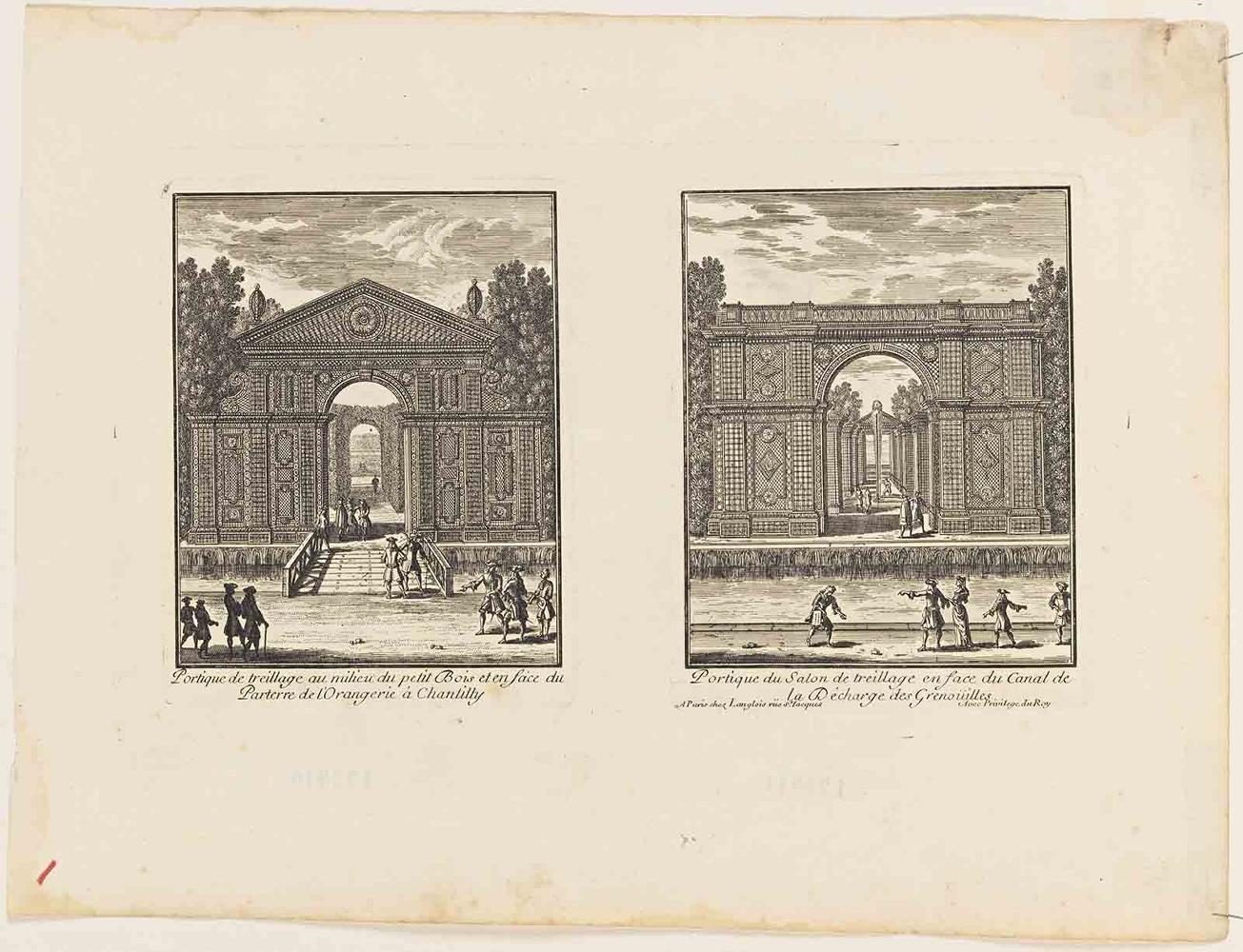 Portique de treillage au milieu du petit Bois et en face du Parterre de l'Orangerie à Chantilly / Portique du Salon de treillage en face du Canal de la Décharge des Grenouilles