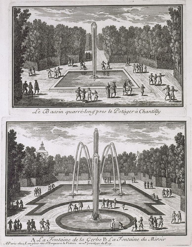 Le bassin quarré long près le Potager / A La Fontaine de la Gerbe / B La Fontaine au Miroir