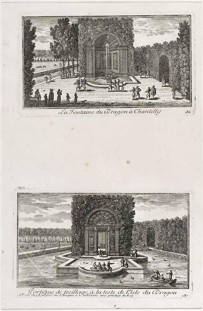 La Fontaine du Dragon à Chantilly. 186 / Portique de treillage à la teste de l'Isle du Dragon. 187