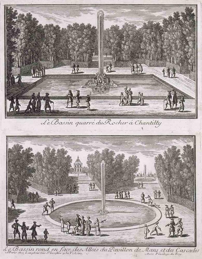 Le Bassin Quarré du Rocher à Chantilly / Le Bassin rond en face des allées du Pavillon de Mans et des Cascades.