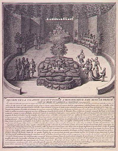 DESSEIN DE LA COLATION QUI FUT DONNE A MONSEIGNEUR PAR MONSR LE PRINCE / DANS LE MILIEU DU LABIRINTE A CHANTILLY. le 29 aoust 1688.