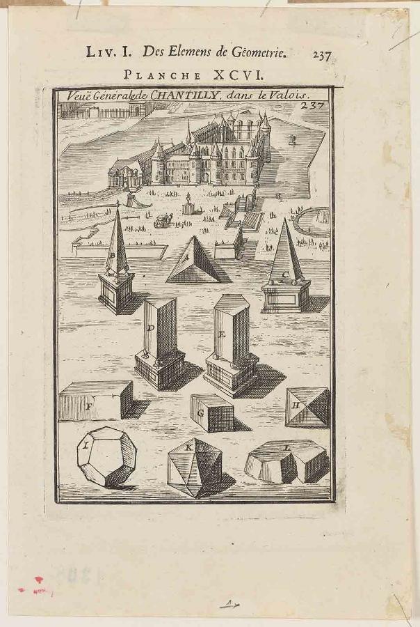 La Géométrie pratique : PLANCHE XCVI. Veüe générale de CHANTILLY dans le Valois / 237 LIV. I. / Des élémens de Géométrie.