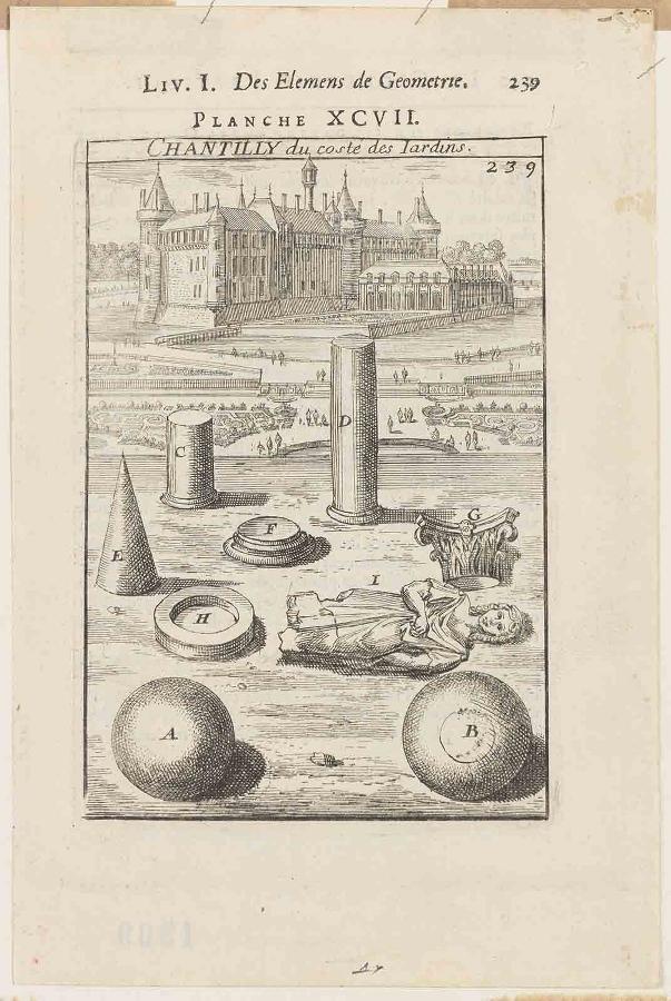 La Géométrie pratique : PLANCHE XCVII. CHANTILLY du costé des Jardins LIV. I. / Des élémens de Géométrie. / 239