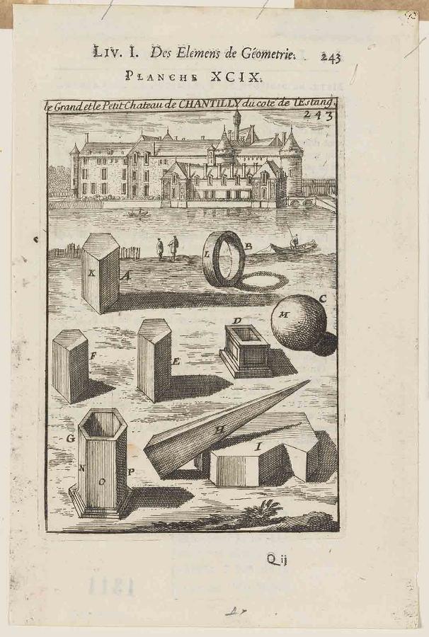La Géométrie pratique : PLANCHE CV. Le grand et le Petit Château de CHANTILLY du coté de l'Estang. LIV. I. / Des élémens de Géométrie. / 243