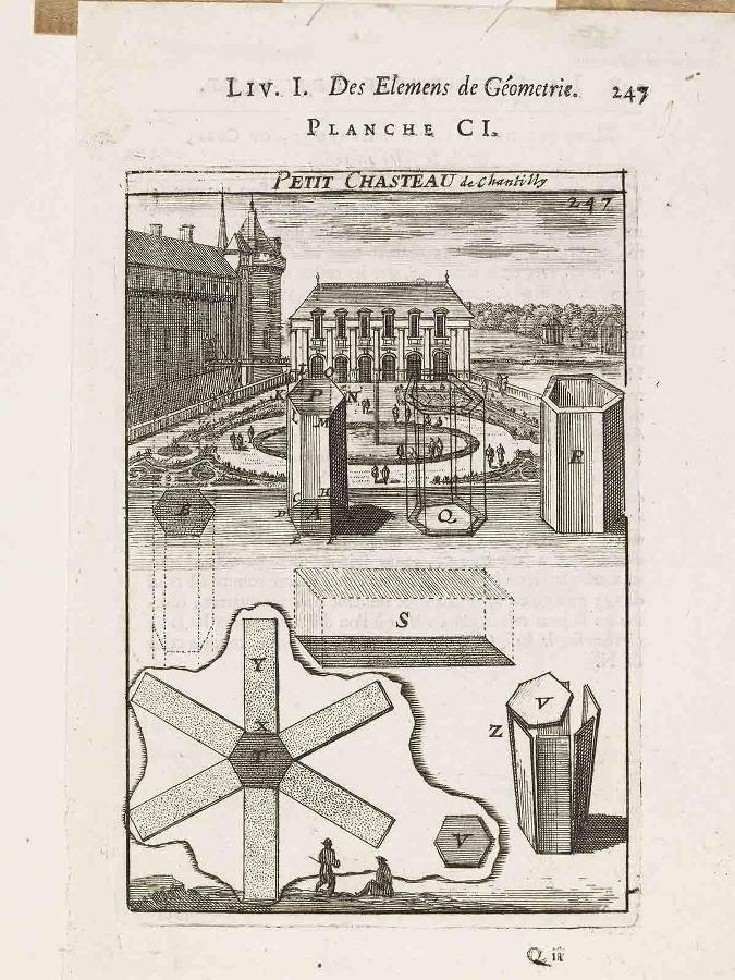 La Géométrie pratique : PLANCHE CI. PETIT CHASTEAU de Chantilly LIV. I. / Des élémens de Géométrie. / 147 Q ii