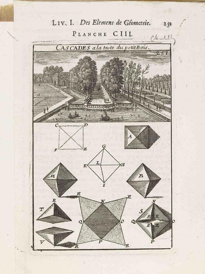 La Géométrie pratique : PLANCHE CIII. CASCADES a la teste du petit Bois LIV. I. Des élémens de Géométrie. / 251