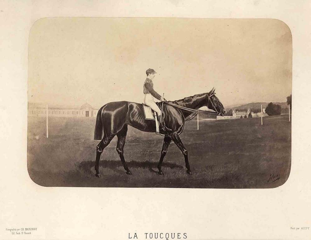 LA TOUCQUES / Appartenant à Mr. De MONTGOMERY, monté par J. DOYLE / 1863. / 1er PRIX DE DIANE. 2me au Gd PRIX DE PARIS / 1er id. JOCKEY CLUB 1er Gd PRIX DE BADE. / 1er Gd PRIX DU PRINCE IMPERIAL