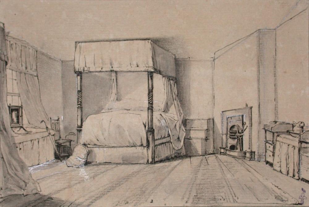 Une chambre d'auberge ; Album de dessins : Voyage en Angleterre, Quadrille de Marie Stuart et Camp de Lunéville, volume in-folio oblong, maroquin rouge.