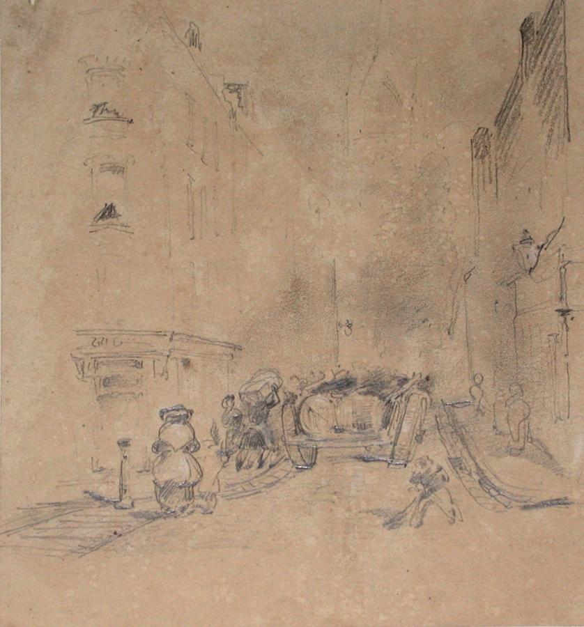 Un trottoir dans la cité ; Album de dessins : Voyage en Angleterre, Quadrille de Marie Stuart et Camp de Lunéville, volume in-folio oblong, maroquin rouge.