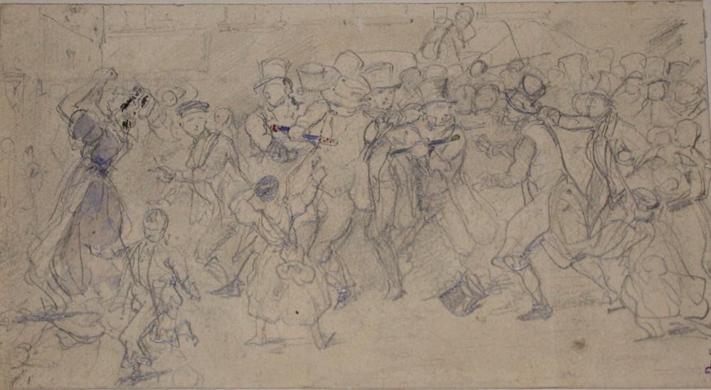 Arrestation par les Constables (recto), L'abbaye de Westminster à Londres ? (verso) ; Album de dessins : Voyage en Angleterre, Quadrille de Marie Stuart et Camp de Lunéville, volume in-folio oblong, maroquin rouge.